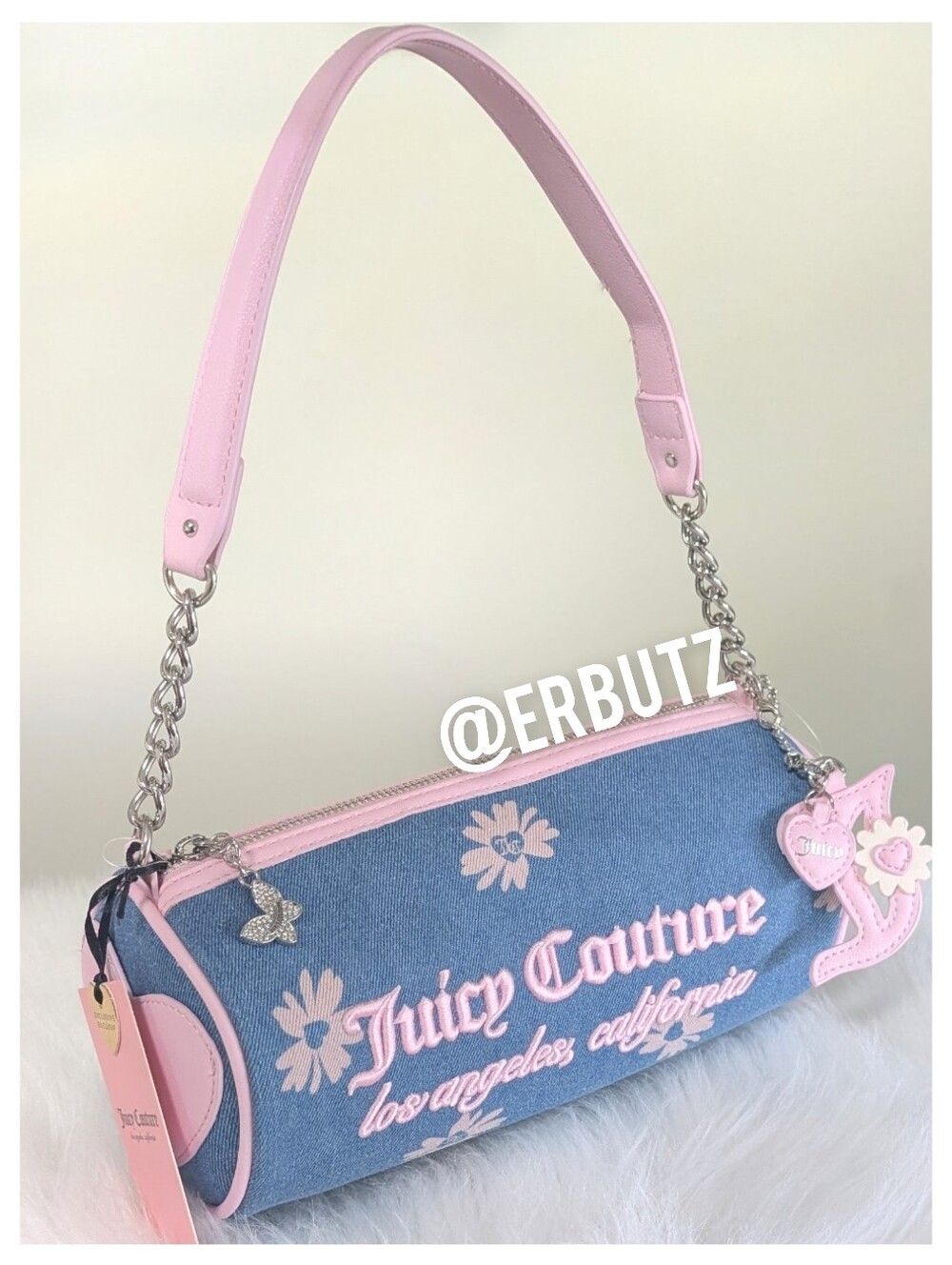 Juicy Couture Denim Pink Daisy Barrell Bag with JC Charm & Butterfly Detail 🦋